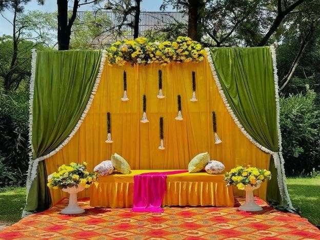Green And Yellow Haldi Setup